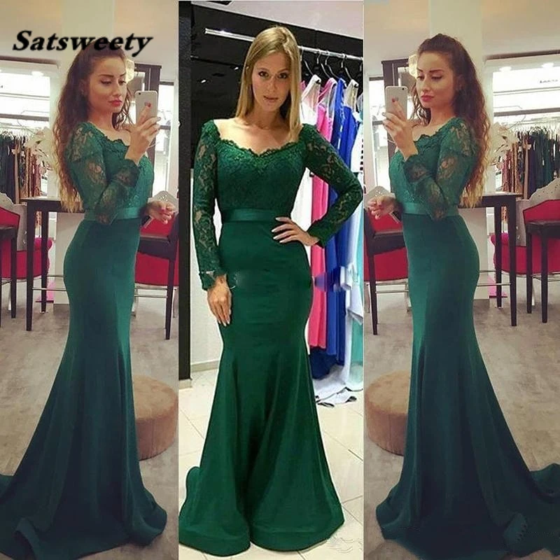 

Long Sleeved Mermaid Bridesmaid Dresses New Burgundy Green Beaded Appliques Lace Wedding Guests Prom Party Dress With Train