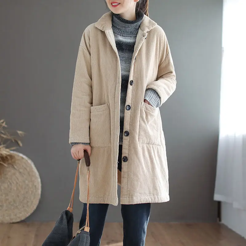 2021 New Arrival Winter Korean Style Women Long Sleeve Stand Collar Coat Loose Casual Single Breasted Cotton Corduroy Coats P198