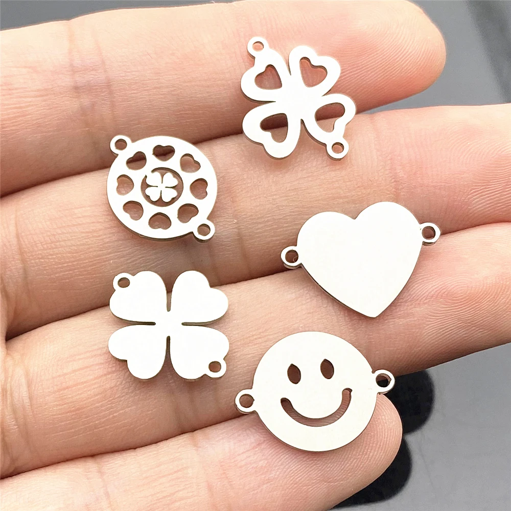 LJJAGLL 10pcs 17*15mm Clover Heart Print 100% stainless Steel Smiling Face Charm Pendant Jewelry DIY Necklace Making