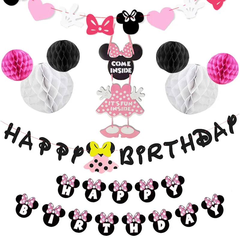 Disney Minnie Mouse Anniversary Theme Party Supplies Minnie Mouse Happy Birthday Banner for Girls Prenatal Party Decoration