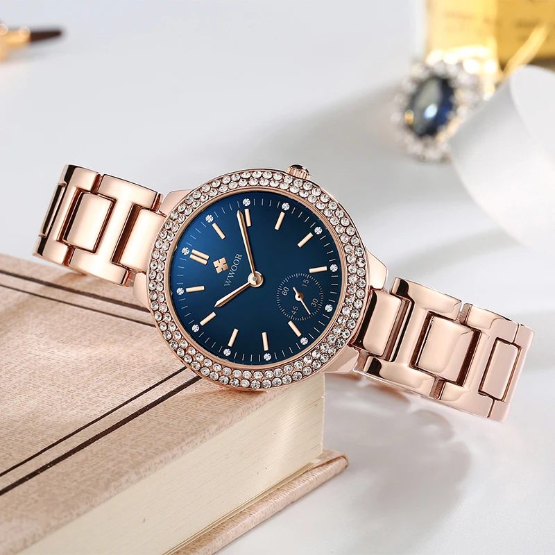 WWOOR Ladies Watches Top Brand Luxury Diamond Rose Gold  Bracelet Watches For Women Stainless Steel Blue Dial Quartz Wrist Watch