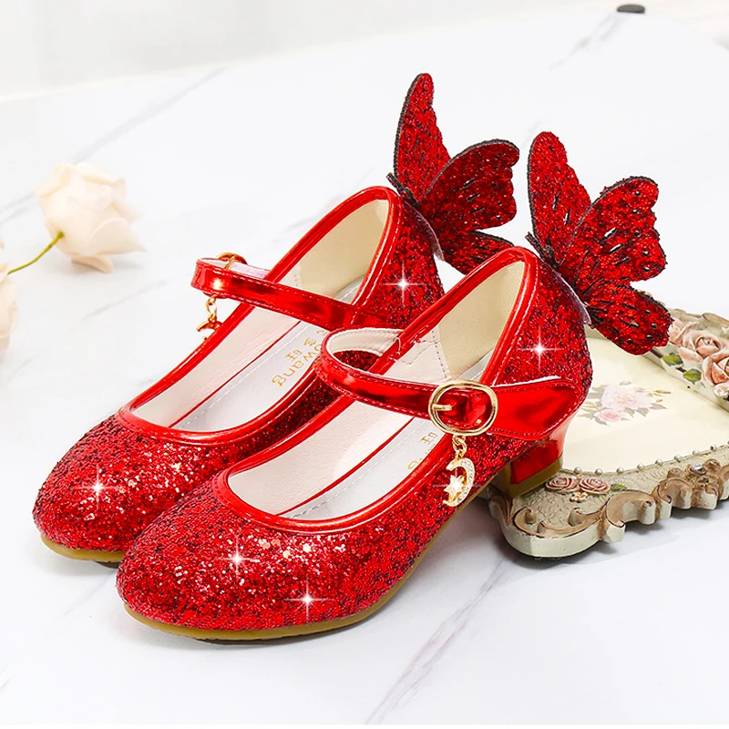 Little Girls Party Shoes Low-heeled Toddler Girls Princess Glitter Shoes Butterfly Back Sparkle Flower Girls Shoes Birthday 3t 4