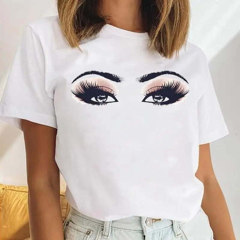 Women Eyelash Make Up O-neck Love 2021 Female Short Sleeve Cartoon Print Cute Ladies Tees Tshirt Clothes Tops Graphic T-Shirt