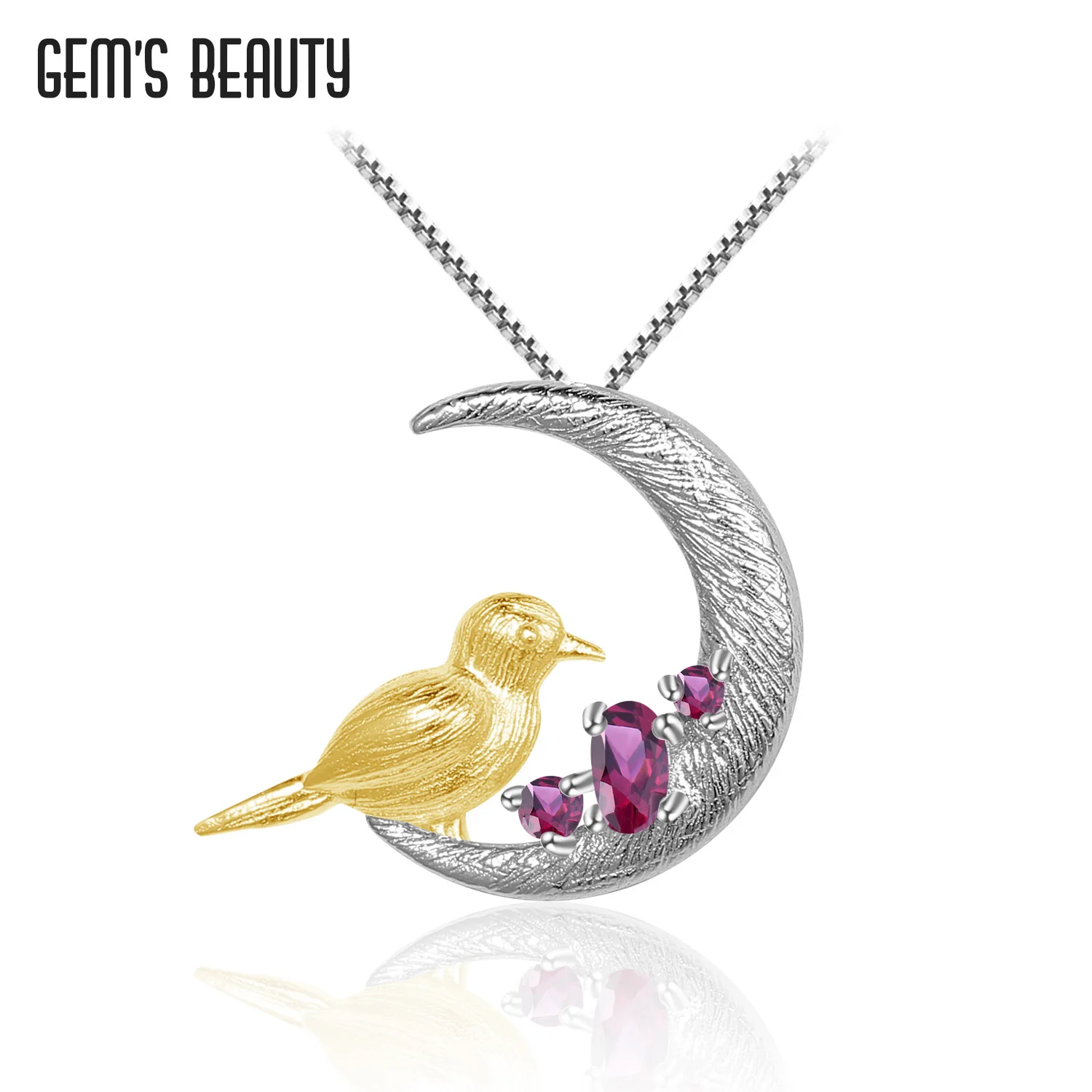 

GEM'S BEAUTY 925 Sterling Silver Necklace For Women Moon 18K Gold Filling Bird Natural Oval Rhodolite Handmade Necklace