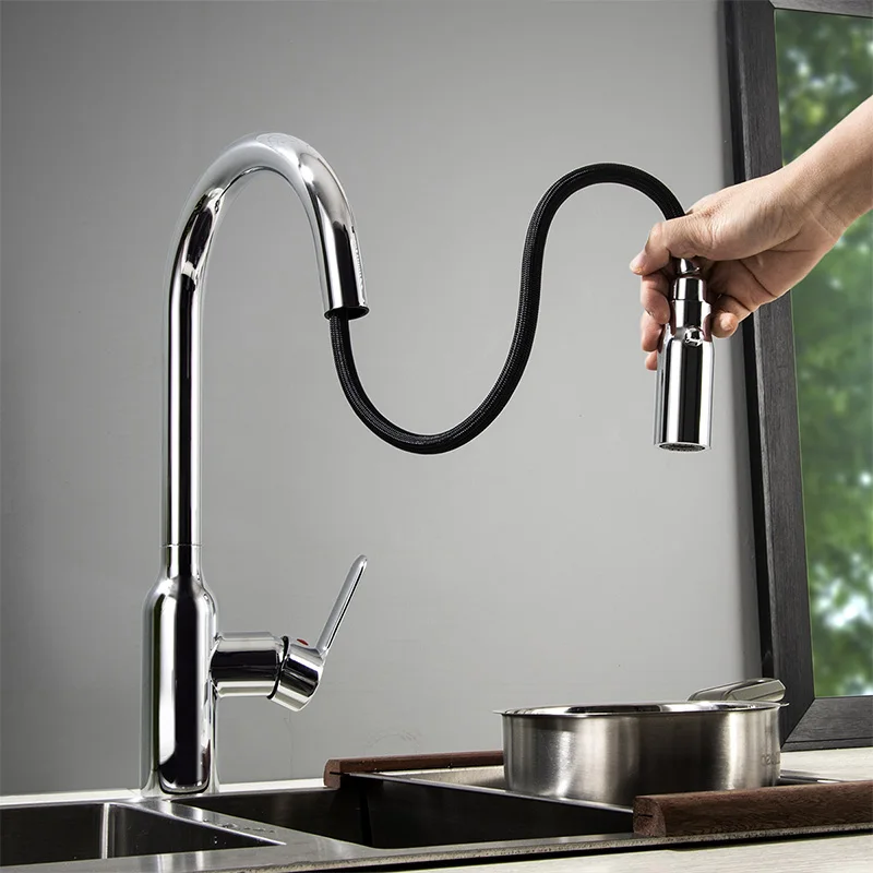 Magnetic Secure Dual Function Kitchen Faucet Pull Out Tap Head 100% Metal Kitchen Sink Water Mixer Faucet Black & Chrome Color