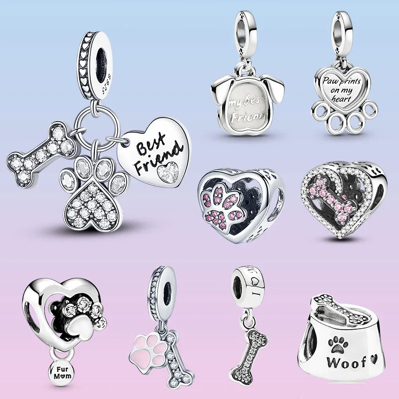 Original 925 Sterling Silver Sparkling Bones & Dog Paw Charms Best Friend Heart Dangle Charms Fit pandora Bracelet Jewelry DIY