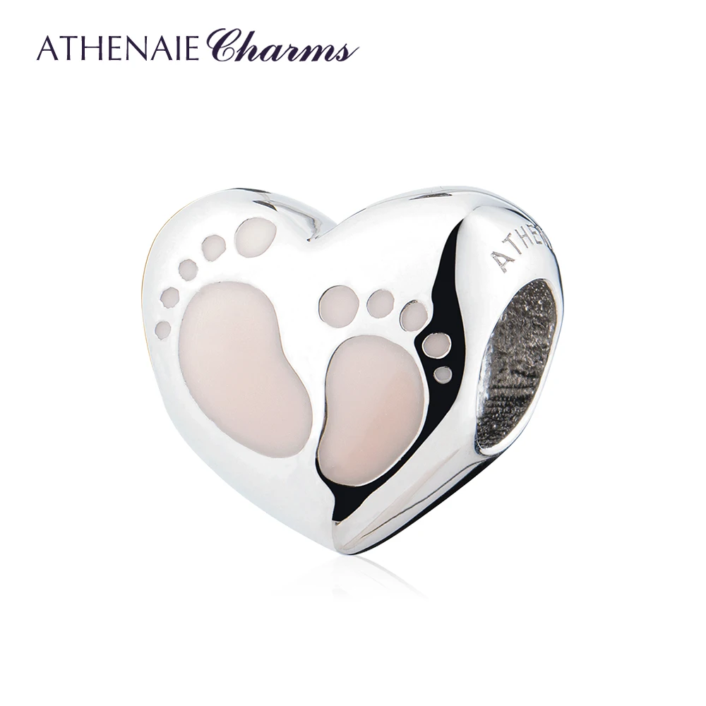 ATHENAIE 925 Sterling Silver Baby Footprint Heart Charms Beads for Bracelet Necklace DIY Jewelry Birthday Mother Day Gift