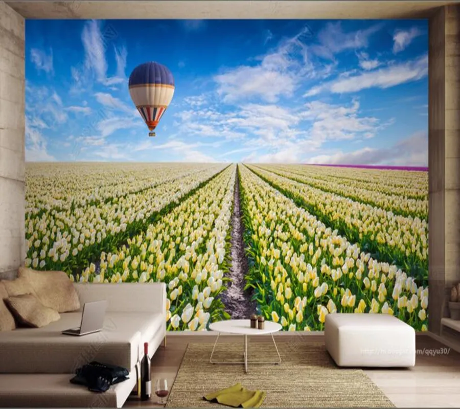 

Papel de parede Tulip flower sea hot air balloon landscape 3d wallpaper mural,living room bedroom wall papers home decor