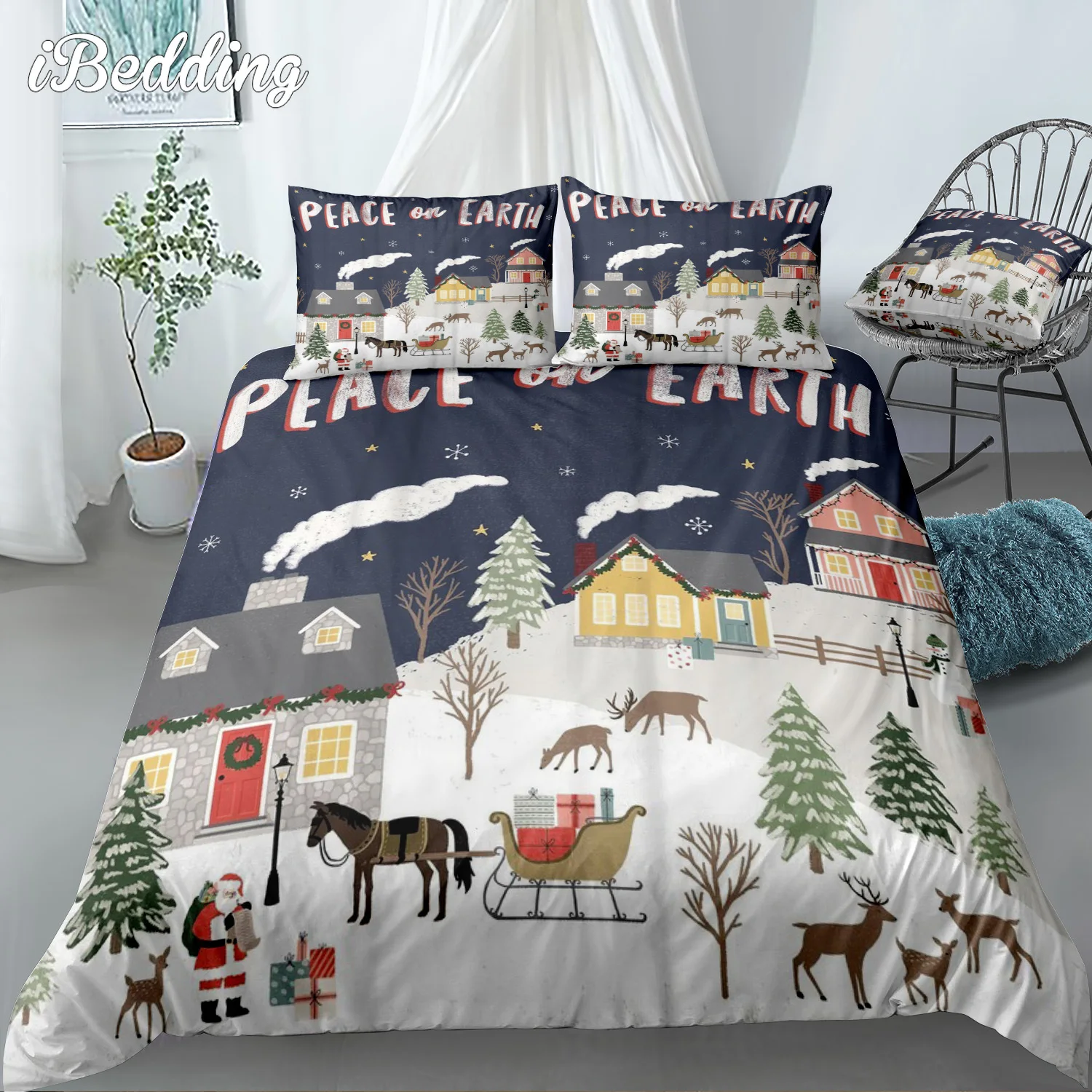 Christmas Theme Bedding Set A Cabin and Snow Man Luxury Duvet Cover with Pillowcase Bedroom Decor Size Twin Full Queen King