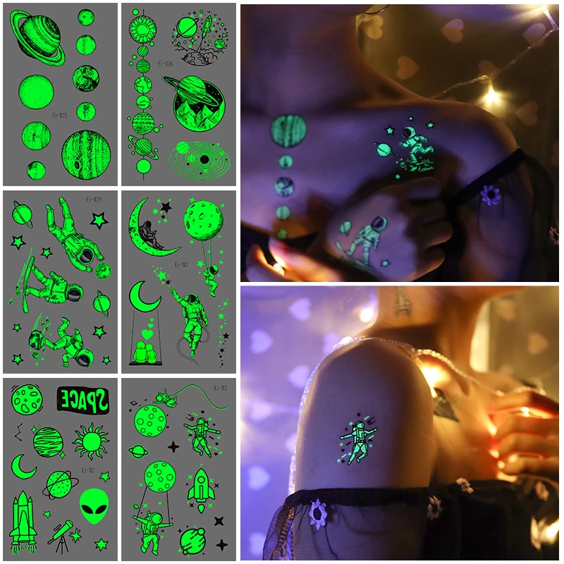 6PCS/set  Space Man Planet Tattoo For Children Glowing Dark Taty Waterproof  Body Art Fake Tatoo Luminous Tattoo Stickers