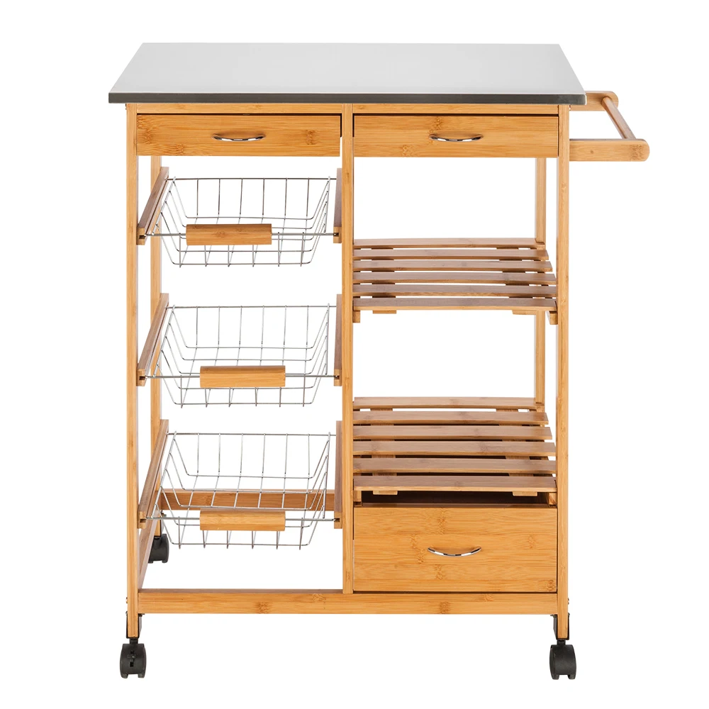 Moveable Kitchen Cart with Stainless Steel Table Top Three Drawers & Three Basket Kitchen Trolley Cart Dining Kitchen Organizer