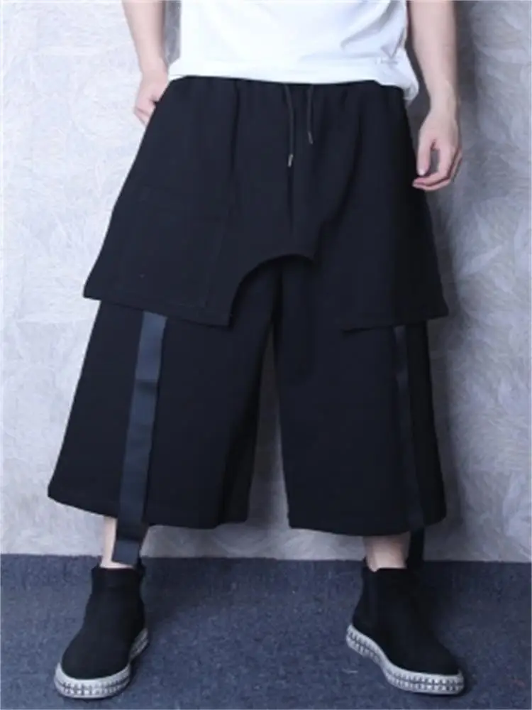 

Men's Wide Leg Pants Summer New Style Personality Splicing Ribbon Decoration Leisure Super Loose Large Size Wide Leg Pants