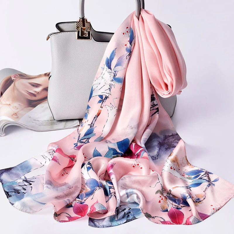 Women 100% Real Silk Long Scarf Luxury Flower Print Chinese Silk Headband Scarves  Natural Silk Shawls Wraps Foulard Femme