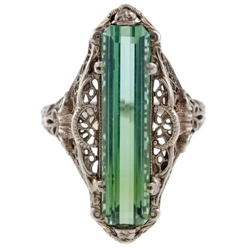 Huitan preciosos anillos verdes CZ para mujer para ceremonia de boda fiesta ahueca hacia fuera el patrón de flores regalo de aniversario nueva joyería de moda