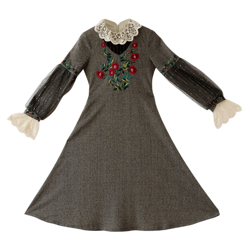 女性のための刺繍されたレースのロングドレス,秋冬の服,エレガントな衣装,コートスタイル,長袖,ビーズ付き,カジュアル