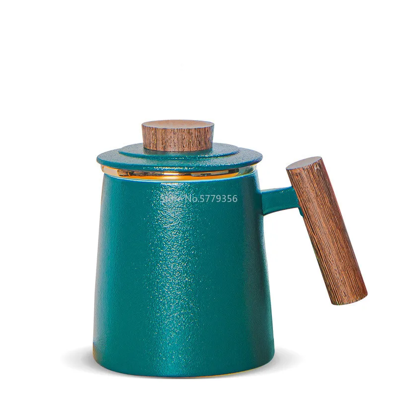 

Ceramic Cup with Lid Filtered Tea Water Separating Tea Cup Office Large-capacity Creative Design Mug with Wooden Handle and Gold