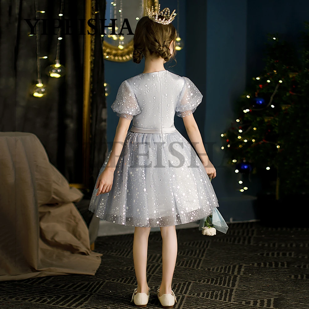 Vestidos infantiles personalizados con lentejuelas y estrellas brillantes decorados con flores, vestido de fiesta de princesa de tul de manga corta, vestido de fiesta de princesa Плаusе Для Дев®ч