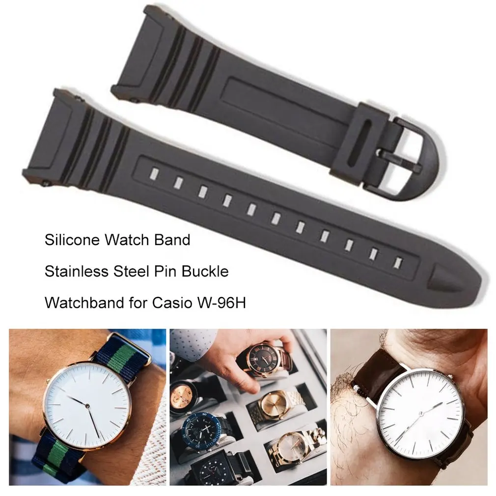Silicone Watch Band para Homens e Mulheres, Fivela De Pino De Aço Inoxidável, Pulseira para Casio W-96H Sports, Strap Bracelets