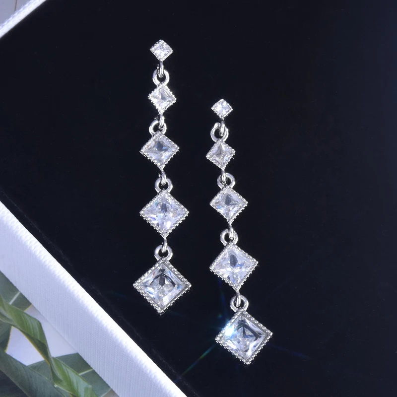 

KOFSAC Luxury Zircon Square Long Earrings For Women Jewelry Sterling Silver 925 Earring Female Party Accessories Lady Ear Bijou