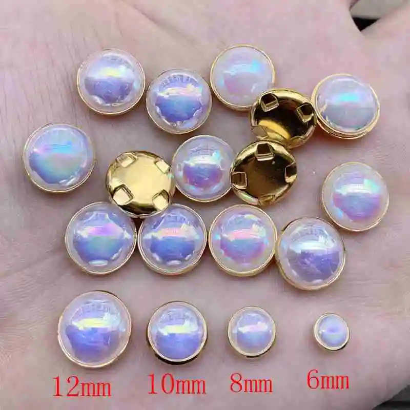 DIY 6mm 8mm 10mm 12mm Sew On AB Pearls For Dresses With Gold Claw Rhinestones Round Pearl Button