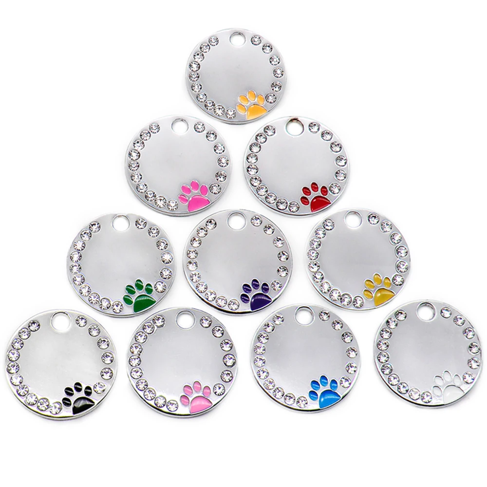 Wholesale 100/50Pcs Rhinestone Dog ID Tags Pet Pawstrip Blank Dog ID Tag For Puppy Kitten Collar Pendant Nameplate Paw Tags