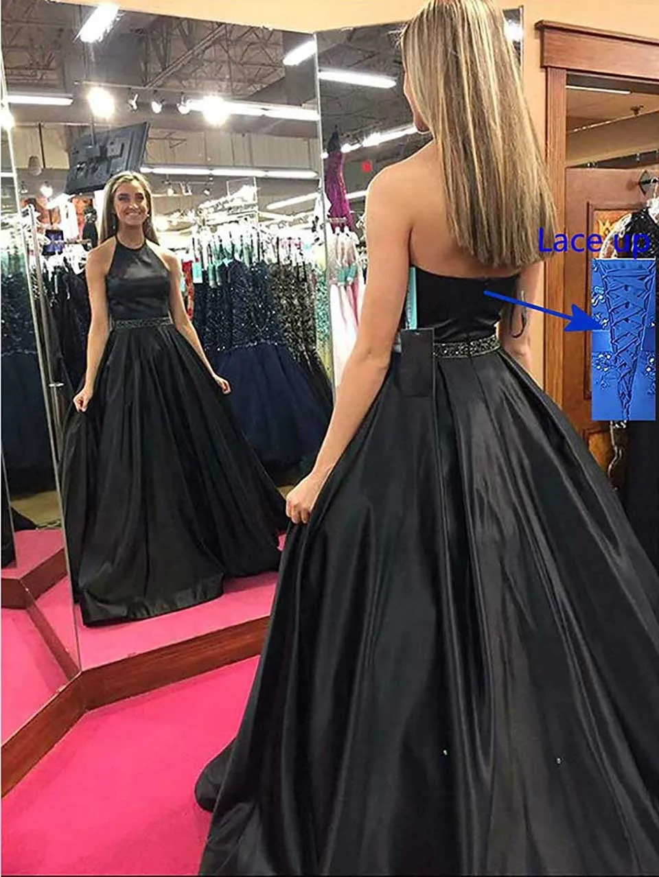 

Black Backless New Custom Formal Dresses O-Neck Sleeveless Evening Dress Floor-Length Prom Party Gown Beaded Satin Ball Gown