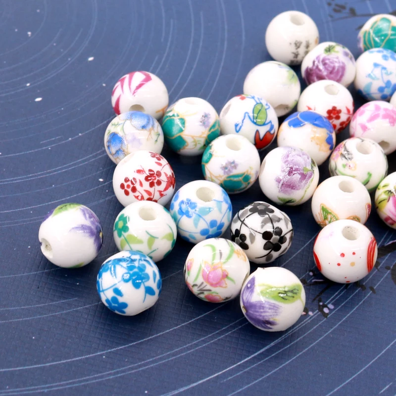 20Pcs/Lot 8 10 mm Round Flowers Design Ceramic Beads Loose Porcelain Craft Bracelet DIY Beads Nice Jewelry Making Accessories