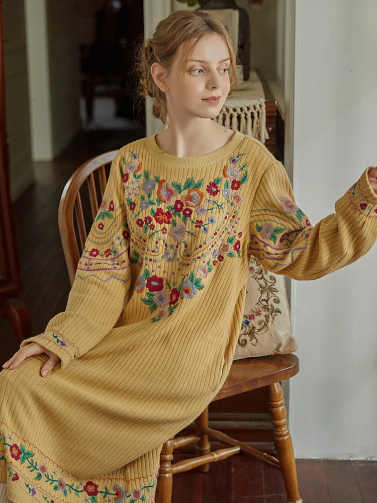 

Autumn Spring Original Design Women Mori Girls Vintage Floral Embroidery Loose Fit Cozy Knitted Embroidered Jumper Dresses