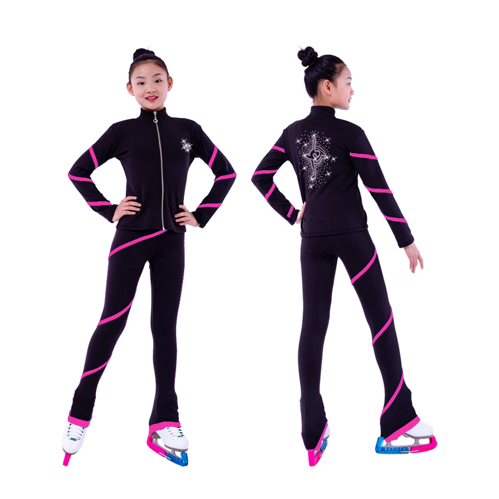 Customized Figure Skating Suits Jacket and Pants Long Trousers for Girl Women Training Ice Skating Warm black pink Mesh sleeve