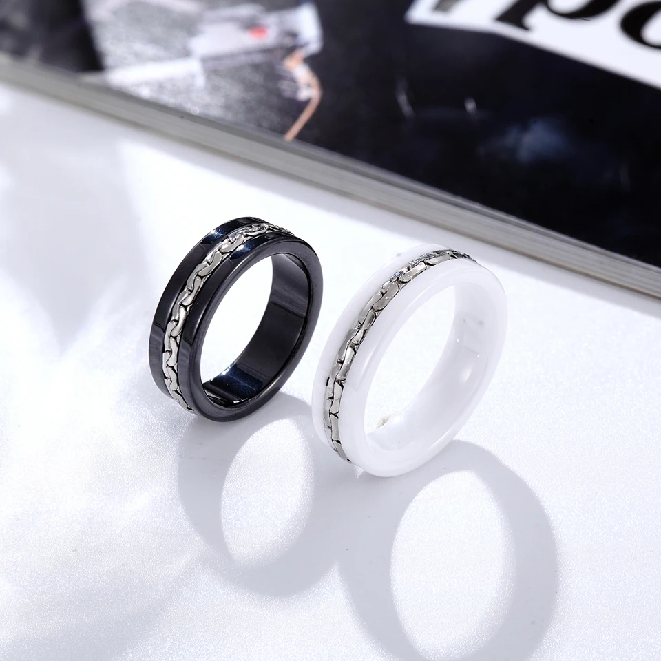 BORASI 7mm Wide Stainless Steel Chain Ceramic Ring Men Black White Color Ladies Rings For Women Fashion Jewelry Female Male Ring