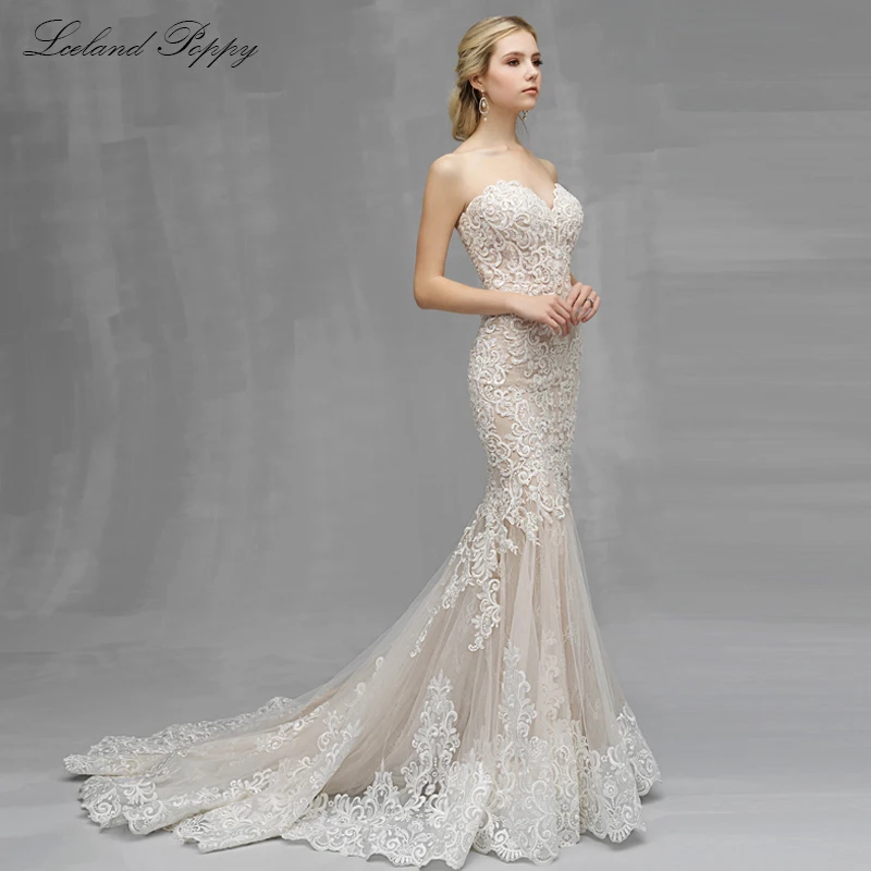 

Lceland Poppy Strapless Lace Mermaid Wedding Dresses Crystal Beaded Vestido de Noiva Floor Length Appliques Bridal Gowns