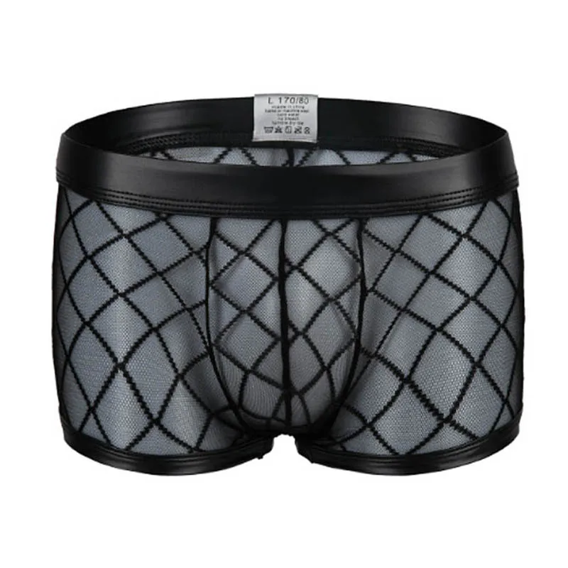 Gay Bar Performance Mens Boxers Underwear Sexy Black Plaid Fishnet Mesh Transparent See through Underpants