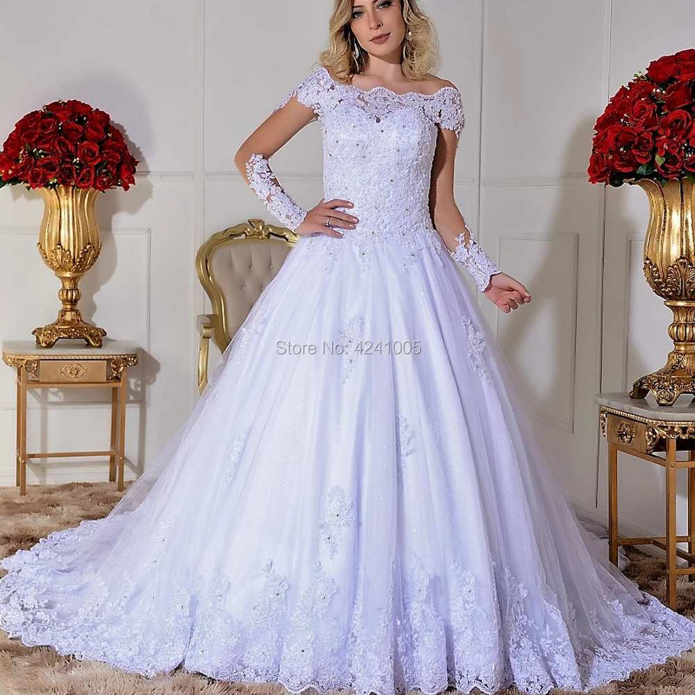 

Luxury Scoop Neck A Line Wedding Dresses For Bride Lace Appliques Long Sleeves Beaded Bridal Gowns Sweep Train Customized 2025