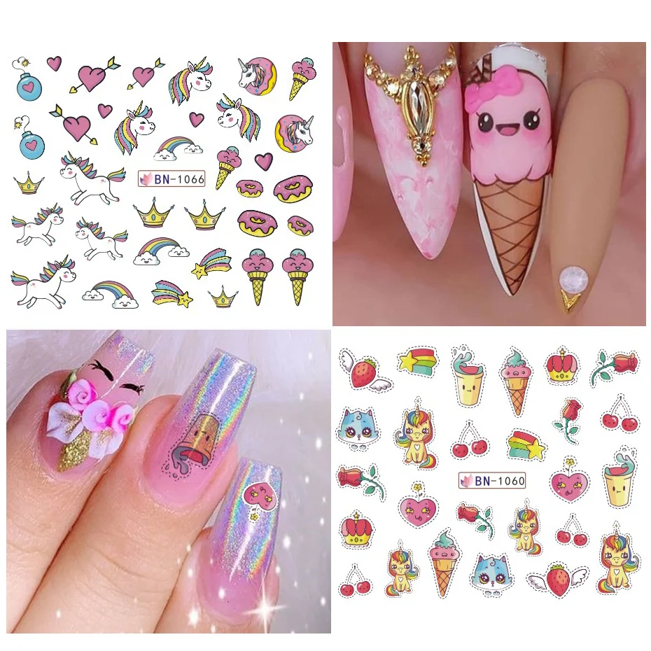 12 Designs Pink Unicorn Water Transfer Slider Rainbow Ice Cream Donut Cartoons Nail Stickers Polishing Nail Decaor NLBN1057-1068