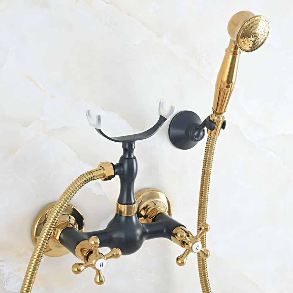 

Gold & Black Oil Rubbed Brass Wall Mount Bathtub Faucet with Handheld Shower Set +1.5M Hose Mixer Tap 2na539