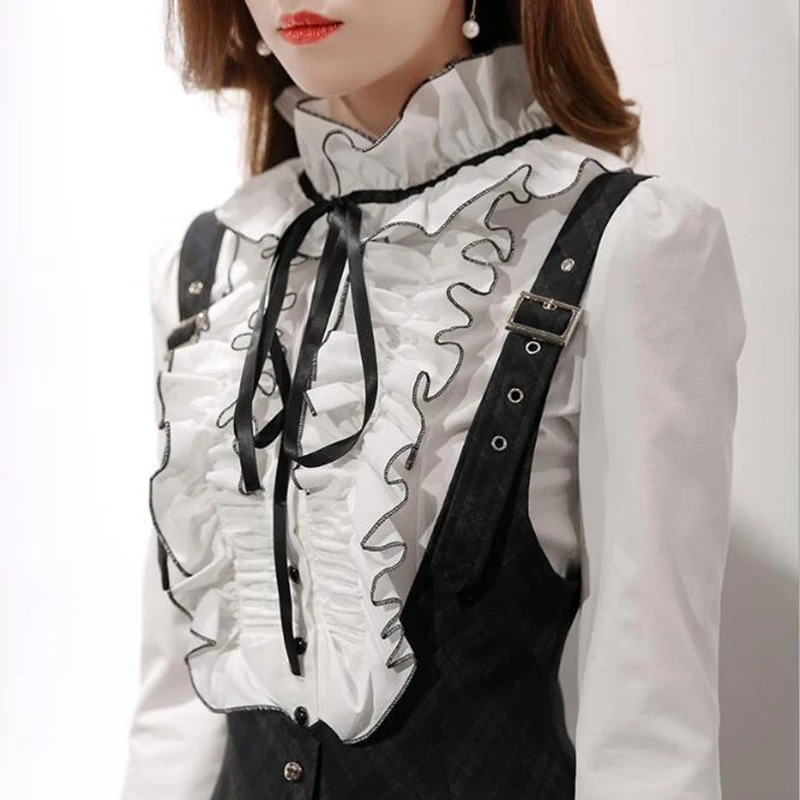 Blusa holgada informal para mujer, camisa blanca de manga larga con volantes y cuello levantado, a la moda, para oficina, novedad de primavera, 2022