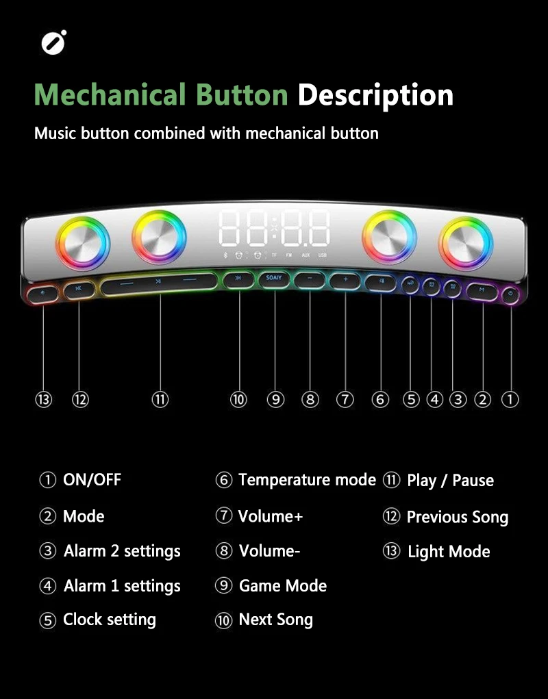 Bluetooth bezprzewodowa gra głośnik soundbar LED 3D Subwoofer Stereo AUX FM zegar domowy kryty dźwięk Bar komputer głośnik 3600mAh