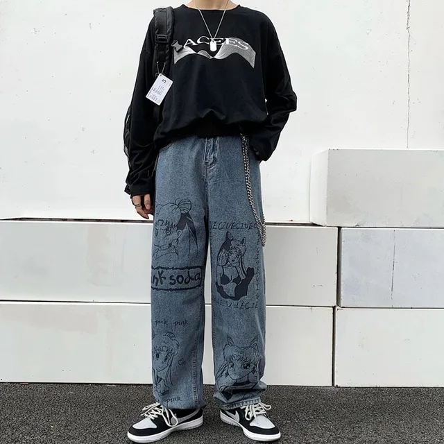 

Harajuku Anime Pattern Print Jeans Men Hip Hop Loose Wide Leg Male Pants Casual Pantalon Homme Oversized Streetwear New