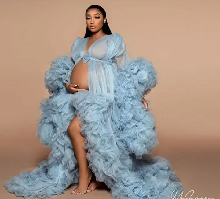 Bridal Fluffy Tulle Maternity Robes Custom Made Sky Blue Women Long Tulle Dresses Photo Shoot Beach Birthday Party Tulle Robe