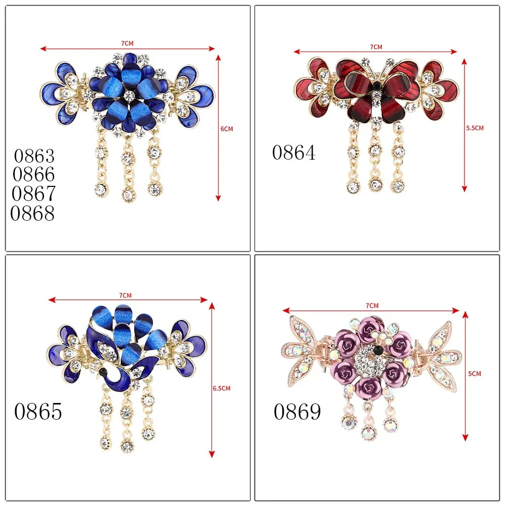 Rhinestone Hair Clip Barrettes Peacock Rose Flower Butterfly Ornaments Tassel Hairpins Hairgrip Clamps Fashion Hair Accessories