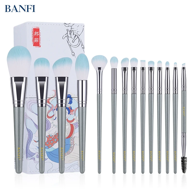 BANFI 14piece Green Makeup Brush Set with Magnetic Case Chinese Style Powder Blush Brushes Cosmetic Makeup Beauty Tool