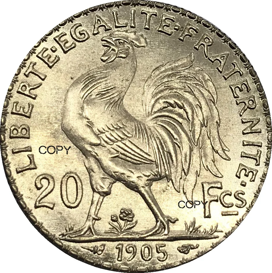 France Gold Coin 20 Francs 1905 Gold Marianne Rooster Brass Metal Copy Coins