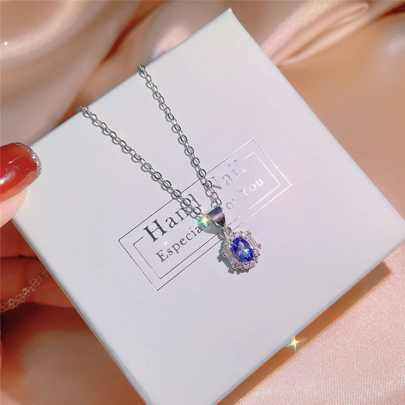 CC Blue Pendant Necklace for Women Fine Jewelry Accessories Created Sapphire Ring Earring Gift CCN732