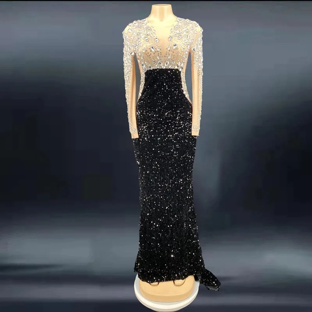 Crystal Black Sequins Evening Celebrate Long Train Dress Club Party Nightclub show singer dance Costume