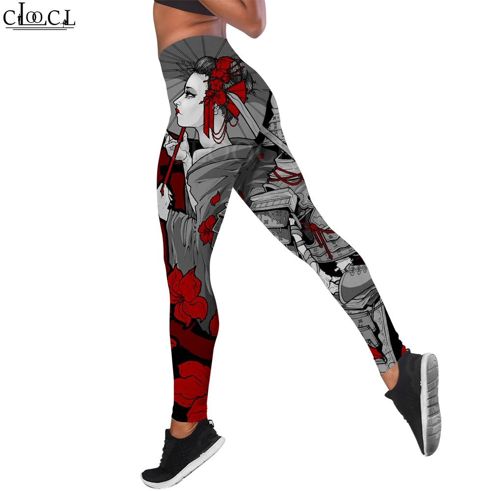 CLOOCL Legging Wanita Legging Wanita Elastisitas Pinggang Tinggi Motif Sakura Samurai Jepang untuk Pakaian Jogging Kebugaran Luar Ruangan