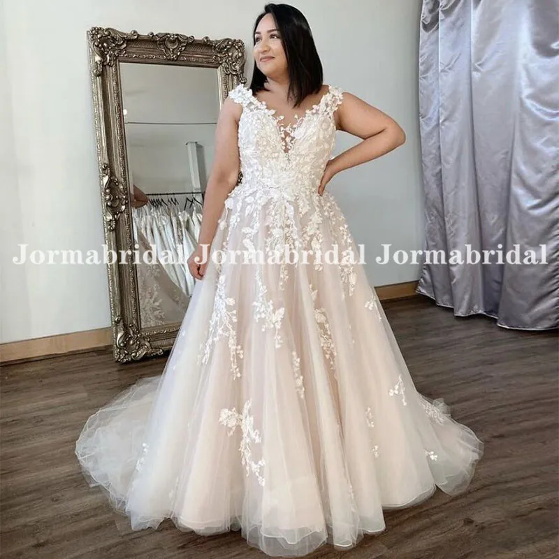 

Plus Size Light Champagne Wedding Dress With Floral Appliques 2021 New Romantic V Neck Sweep Train Long Dress For Bride 2021