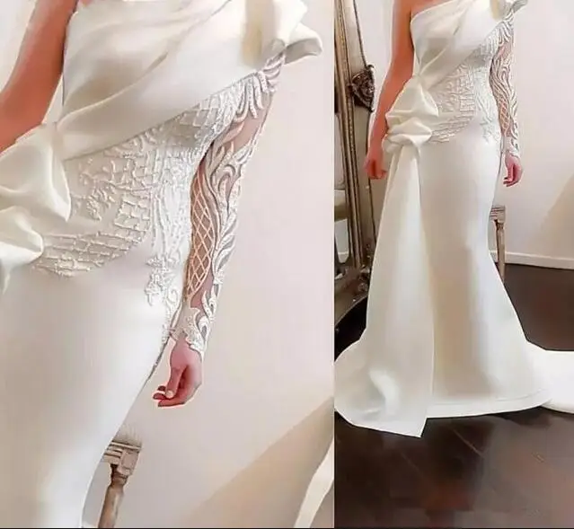 Elegante vestido de noche largo de sirena con un solo hombro, blanco, manga larga, árabe, para graduación, satén, con volantes, apliques, Formal, 2020