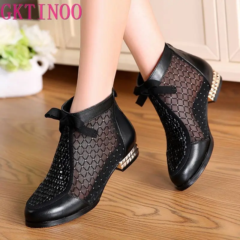 GKTINOO 2024 Spring Summer New Bow Genuine Leather Women Boots Hollow Mesh Ankle Boots Comfortable Low Heels Fashion Shoes