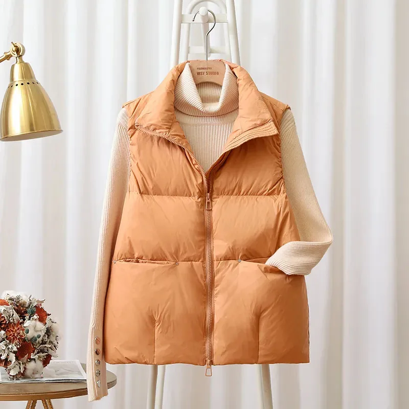 New 2021 Autumn Down Vest Women Stand Collar Warm Loose Waistcoat Short Windproof Gilet Female White Duck Down Coat Sleeveless