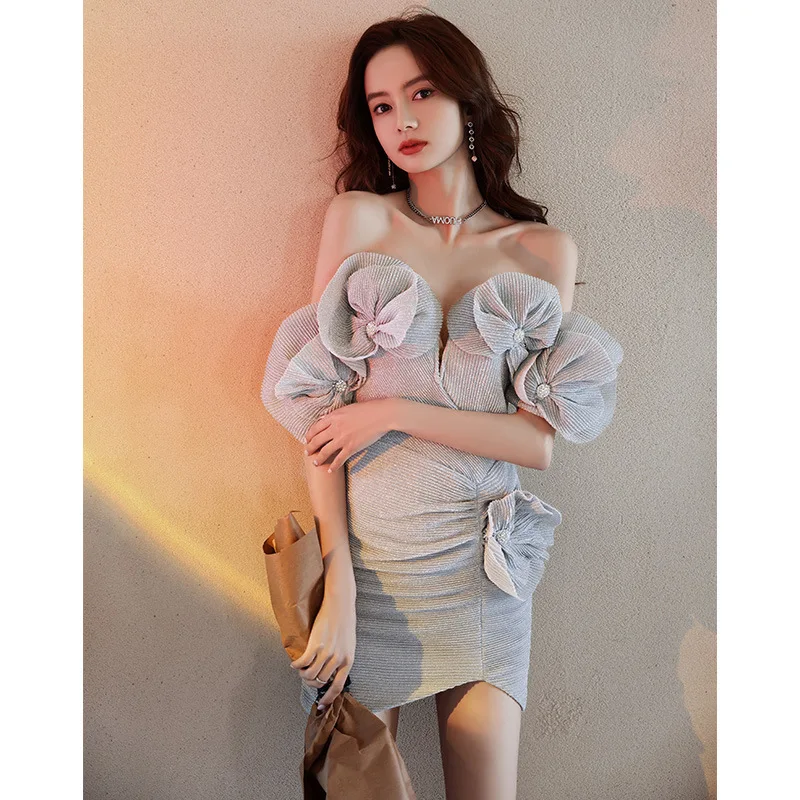 Tube Top Flower Cocktail Dress Off the Shoulder Birthday Party Dress Short Banquet Fashion One-shoulder Evening Dress Women A275